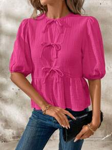 SHEIN Clasi Blusa de verano con cuello Peter Pan, mangas abullonadas y bajo con volantes, con nudo delantero