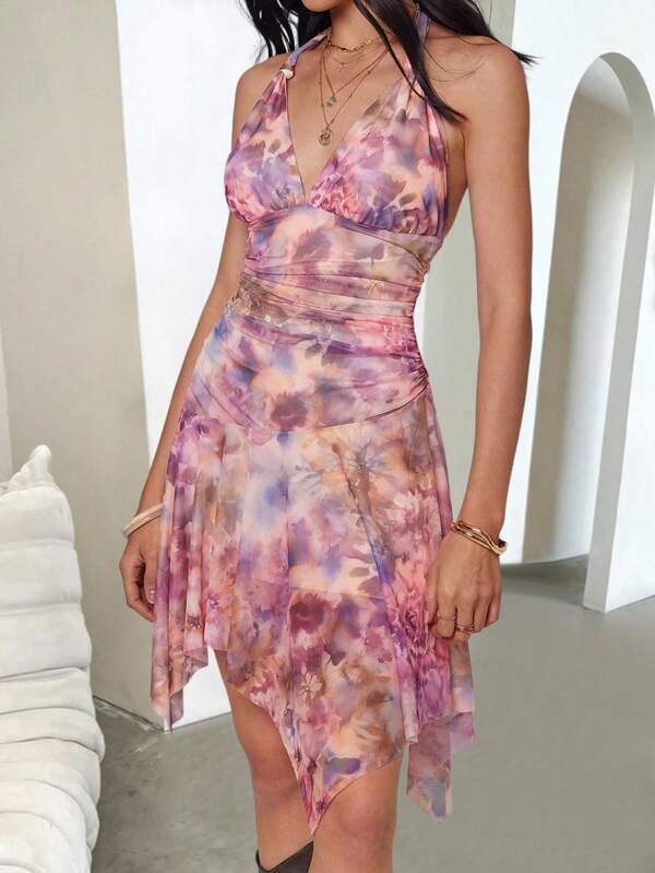 Roylia Women's Vacation Floral Print Ruched Halter Mini Dress