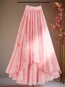 SHEIN Clasi Nueva llegada Falda asimétrica con estampado floral romántico de gasa rosa para mujeres
