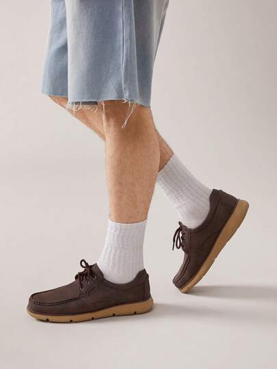 SHUZIA Top Seller Men's Moc Toe Lace-Up Fax Leather Coffee Casual Boat Shoes - Stylish, Lightweight & Comfortable. Mother's Day Present