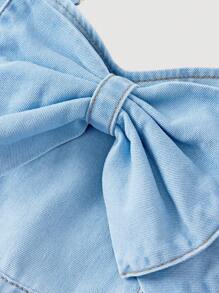 SHEIN Girlism Tween Girls Fall Clothes Casual Cute Bowknot Plaeated Spaghetti Strap Denim Jumpsuit With Wide Leg Pants - Light Wash - View 4