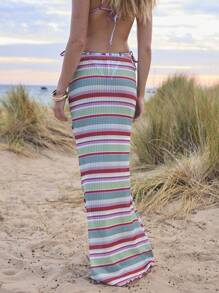 Aralina Summer Vacation Striped Drawstring Waist Boho Beach Maxi Cover Up Sheer Skirt - Army Green - View 8