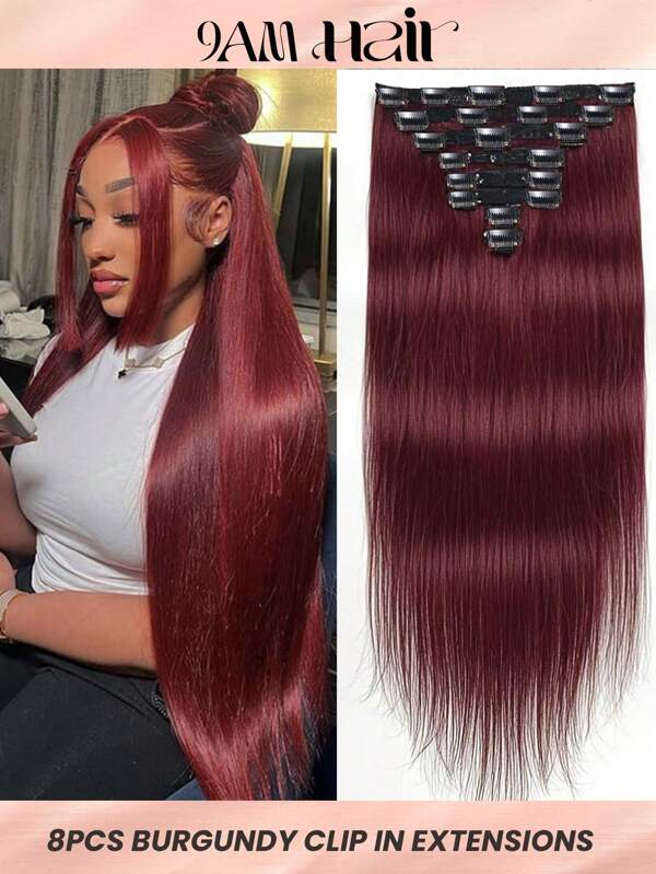 Burgundy Wine Clip In Hair Extensions Real Human Hair Straight Clip In Human Hair Extensions 99J Clips Double Weft 10-24Inches 120G 8Pcs For Woman