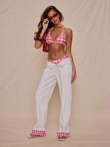 Musera Resort Áo bikini hai mảnh cổ yếm tam giác in họa tiết kẻ caro dễ thương, thanh lịch, thích hợp mặc đi biển vào mùa xuân hè. - Đỏ và trắng - Xem 4