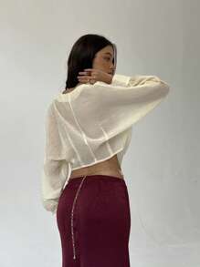 Aloruh Blusa de oficina elegante minimalista de manga farol de murciélago, cuello en V transparente y textura corta para dama - Albaricoque - Ver 2