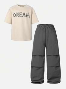 SHEIN Vacaura 青少年男孩字母印花短袖T恤和裤子两件套 - 彩色 - 查看 3