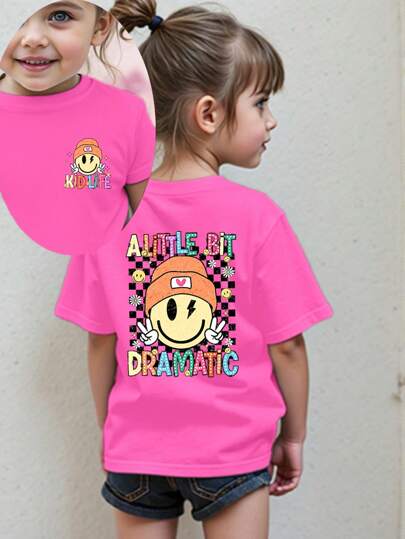 SHEIN Young Girl Casual Cute Graphic Round Neck Short Sleeve T-Shirt, Suitable For Summer Summer Holiday