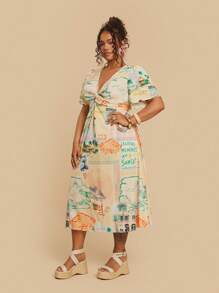 Travachic Plus Size Women's V-Neck Front Twist Knot Tropical Print Short Sleeve Dress, Vacation Casual,Beach Dress Sundress,Holiday Outfits Boho - Multicolor - View 4