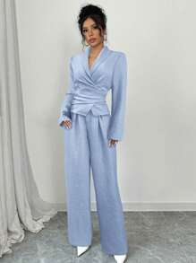 Firerie Women Solid Color Elegant Long Sleeve Wrap Shirt And Pants Set, Suitable For Everyday Commute And Business, Spring/Summer/Autumn - Baby Blue - View 6