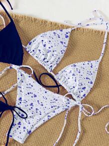 Swim Mod Bộ 2 chiếc/Bộ đồ bơi bikini họa tiết hoa tam giác thắt nơ cho kỳ nghỉ xuân dành cho nữ đi biển - Màu xanh hải quân - Xem 5