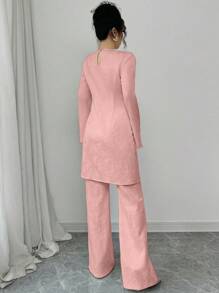 Elenzga Conjunto de 2 piezas con blusa larga y pantalón recto texturizado para mujer. Blusa con cuello, manga larga, cintura entallada y abertura lateral. Conjunto elegante y formal, estampado aleatorio. - Rosa - Ver 2