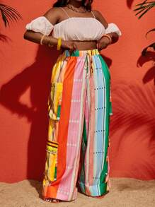 Slaydiva 2025 Spring & Summer New Music Festival Elegant Black Wide Pockets Striped Patchwork Print Linen Cargo Pants For Plus Size Women