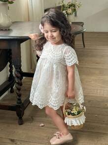 LMoss Kids LMoss 女婴纯色圆领修身休闲连衣裙，适合派对、春夏穿着，女婴春季连衣裙，可爱女婴春季连衣裙，女婴服装套装 - 白色 - 查看 6