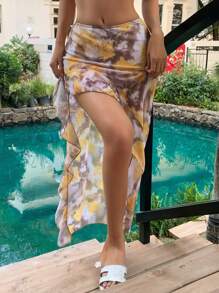 DAZY Women's Sexy Tie-Dye Print Ruffle Hem Cover Up & Mini Skirt Set Vacation - Yellow - View 5