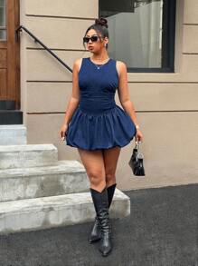 SHEIN ICON 大码褶饰花朵下摆露背无袖迷你牛仔连衣裙