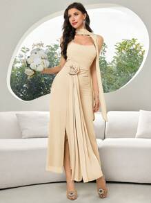 Modelyn Women's Elegant Khaki Chiffon Halter Neck Sleeveless Ruched Long Dress With Slit And Flower Detail - Khaki - View 6