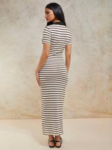 COSMINA Vestido largo de manga corta con cuello de solapa a rayas para mujer, de verano - Multicolor - Ver 2