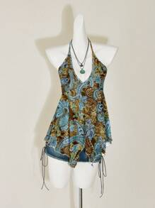 SHEIN ICON Boho Paisley Hippie Bohemian Retro Pattern Suitable For Music Festival, Bohemian Style, Vacation, Women's Simple Casual Plant Print Halter Neck Tank Top,Rave Top - Blue - View 3