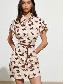 SHEIN Unity Gaun Mini Pas Badan Lengan Pendek Dua Lapis Elegan dengan Motif Pita Kontras Warna untuk Wanita, Model Baru, Manis, Sederhana, Elegan, Cocok untuk Komuter. - MultiWarna - View 5