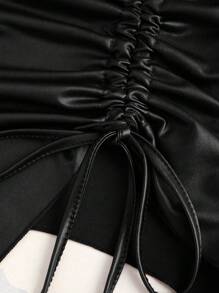 Sweetra Sexy Wrap Crop Bustier Top & Drawstring Mini Skirt Set Y2K Outfit  - Black - View 6