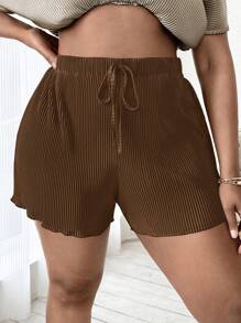 SHEIN SXY Plus Size Coffee Brown Textured Woven Fabric Casual Short Shorts With Drawstring And Pleated Detail - Coffee Brown - View 3