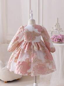 Glamorique Kids 女孩蓬蓬泡泡袖波尔卡圆点网眼刺绣公主裙，粉色，优质面料，优雅，适合正式活动、派对、表演 - 粉色 - 查看 2