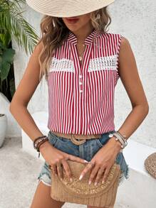 Breezaya Women's Sleeveless Striped Contrast Lace Button Down Blouse - Red - View 5