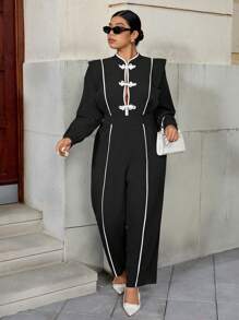 Cravure Tuta intera elegante, con maniche lunghe, collo alla coreana, con patchwork in bianco e nero, di taglie comode, per donna, adatta alla primavera