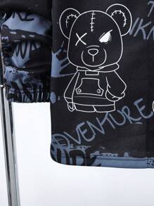 SHEIN Chaqueta con capucha forrada térmica con texto en inglés y estampado de oso para adolescentes varones, apta para otoño, invierno, para mantener el calor, para la escuela, el hogar, casual, el gimnasio, fiestas de cumpleaños, salidas, todo tipo de uso y diseño simple.