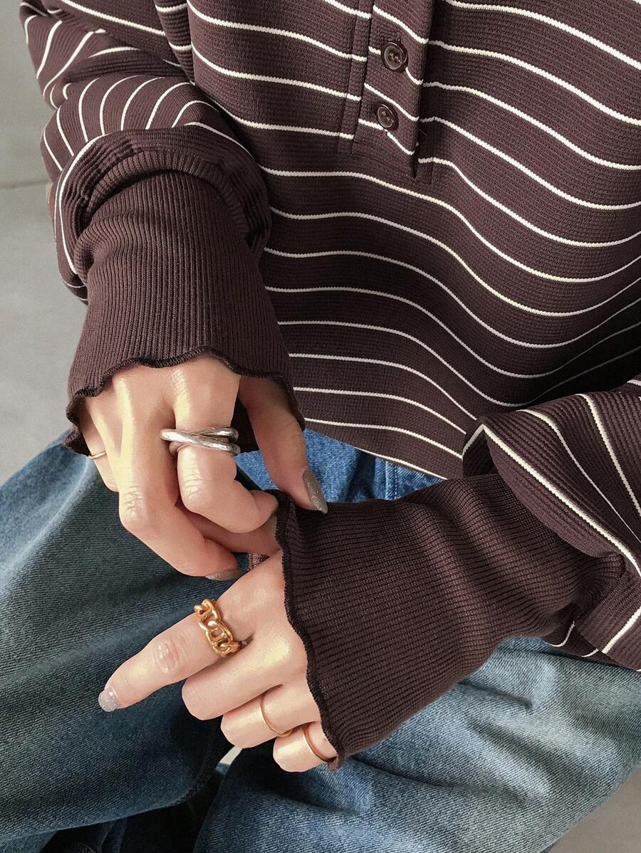 FRIFUL 女士休闲宽松落肩条纹 T 恤，春/秋 - 棕色 - 查看 1