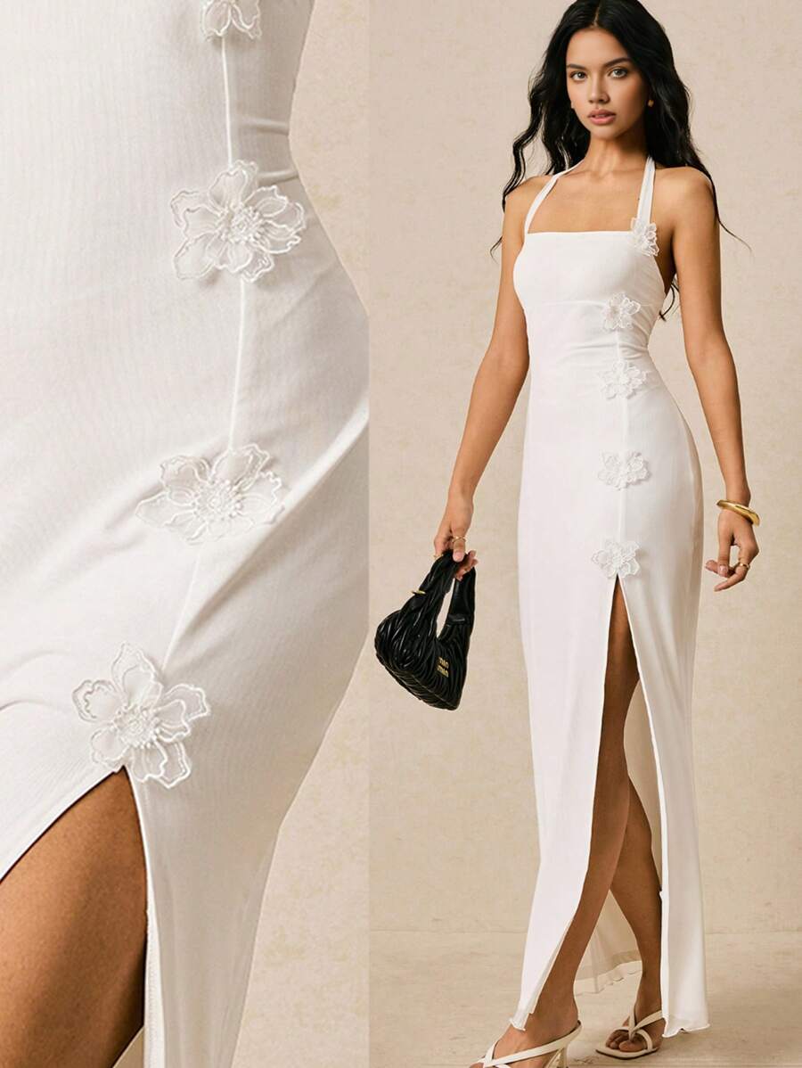 Poéselle 女士纯色 3D 花卉装饰侧开衩露背优雅连衣裙、毕业季白色连衣裙、海滩度假装、女士夏季连衣裙、女士白色连衣裙、毕业礼服 - 白色 - 查看 1