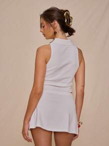 MUSERA Knit Collared Fitted Sleeveless Polo Top Only For Spring  Vacation Cute Elegant Sweet Escape Elegant - White - View 3