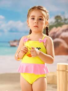 1-Piece Girls Swimsuit, Perfect For Playing In Water, Beach, Pool, Vibrant Colors, Cute Bow, Ruffle Trim, Cartoon Pattern, Soft And Comfortable, Sweet And Adorable, Candy-Like, Soft And Cute, Lovely And Charming, Dreamlike Sweet, Fairy Tale Style, Princess Style, Dreamlike Cute, Lively And Lovely, Mischievous And Lovely, Sweet And Lovely Swimwear - Yellow - View 8
