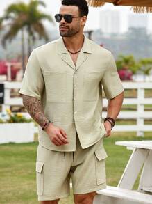 Manfinity RSRT Plus Size Men Summer Casual Solid Color Short Sleeve Shirt & Shorts Set