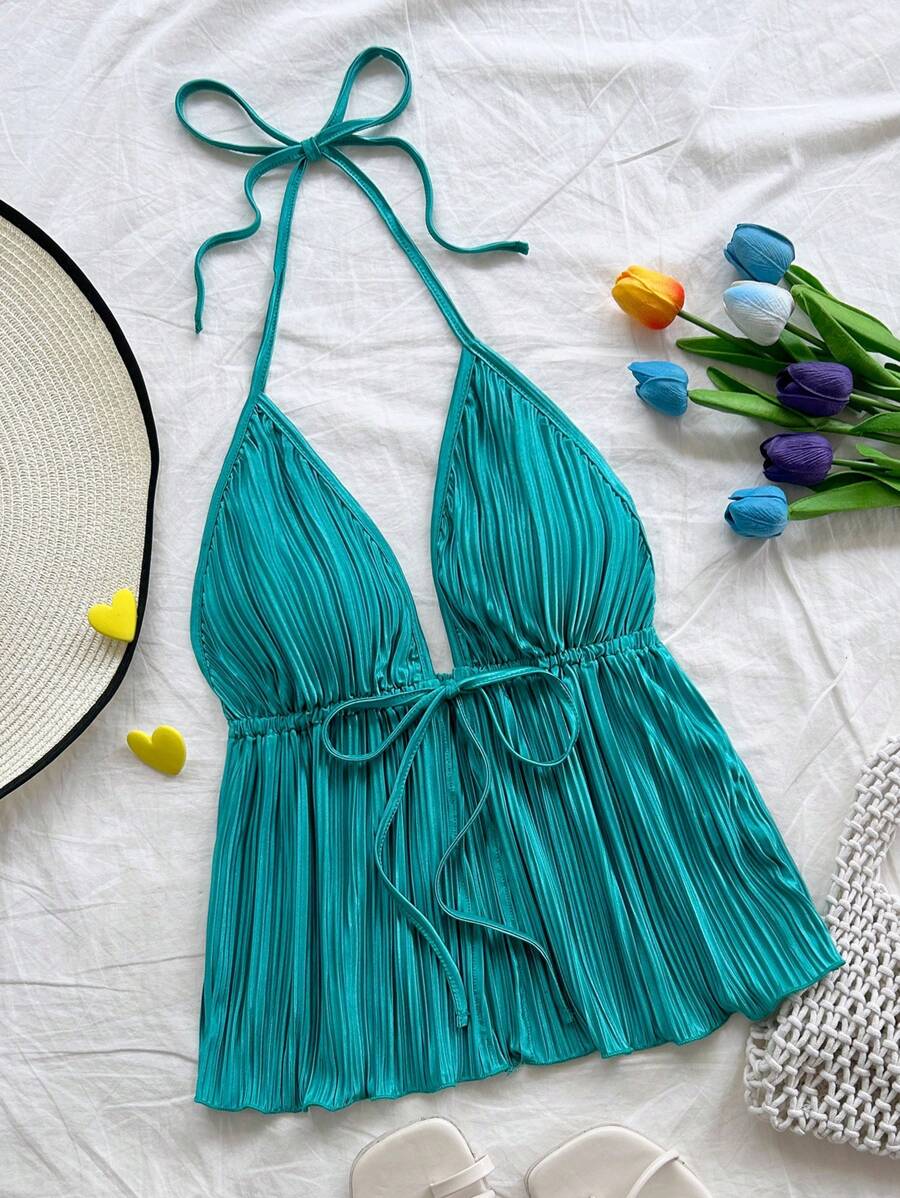 Soleia 女士度假孔雀蓝褶皱纹理露背挂脖系带荷叶边细节吊带背心 - 藍色 - 查看 1