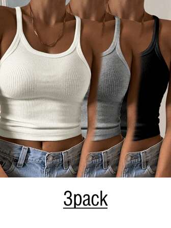 Slaydiva Women's 3-Pack Casual Rib-Knit Scoop Neck Tank Tops, Regular Length Knitted Fabric Camis, Basic Essential Summer Tops Back To School