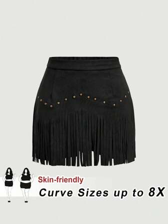 SHEIN CURVE+ Falda A-Line negro con remaches y flecos en estilo vintage hippie para mujer de talla grande, adecuada para festivales de música de primavera/verano, otoño, Nashville, falda de pirata, vestimenta bohemia y del oeste