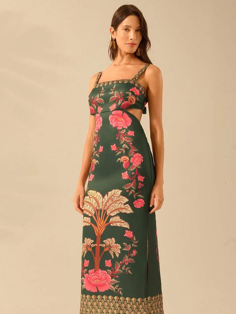 CAJUNI Women's Vacation Casual Summer Boho Green Tropical Plant Print Sleeveless Waist Hollow Out Lace-Up Backless Split Dress - Multicolor - View 1