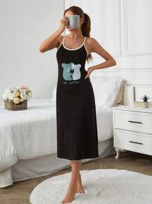 RueChic Women Contrast Colour Binding&Lettuce Trim Detail With Cute Love Koala Printed Sleevless Top Homewear Sleep Dress - Black - View 3