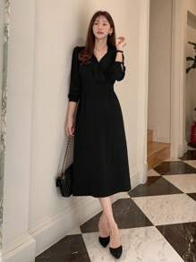 DAZY 法式复古V领优雅奢华别致女士长裙，秋季连衣裙长袖连衣裙 - 黑色 - 查看 5