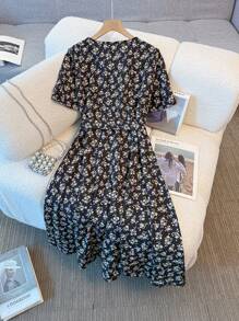 Franclia 新款春夏 V 领短袖系腰粉色碎花中长连衣裙，百搭