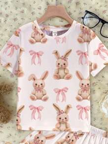 SHEIN Leap Crew Tween Girl Rabbit & Bow Pattern Casual Minimalist Round Neck Short Sleeve Shorts Pajama Set, Suitable For Spring/Summer - Multicolor - View 3