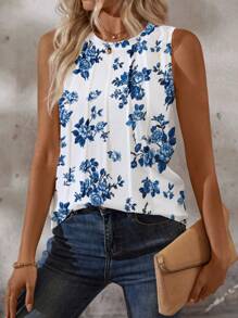 EMERY ROSE Women's Summer Knit Crew Neck Sleeveless Floral Print Pleat Casual Camisole, Random Print - Multicolor - View 3