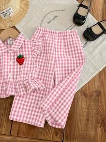 SHEIN LMoss Kids Babygir Thời trang giản dị L mùa hè dễ thương kẻ sọc mũ tay áo quần phù hợp - Hồng - Xem 5