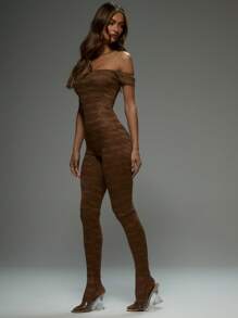 MUSERA Bardot Sleeve 'Musera' Patterned Lace Fitted Unitard Sock Sexy Ibiza Fits Spring Summer Vacation Beach Elegant Sexy Club Spring Summer Vacation Elegant