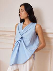 Dazy-Less Chemise sans manches pour femmes à col en V avec design torsadé, pour le travail et les occasions décontractées en été