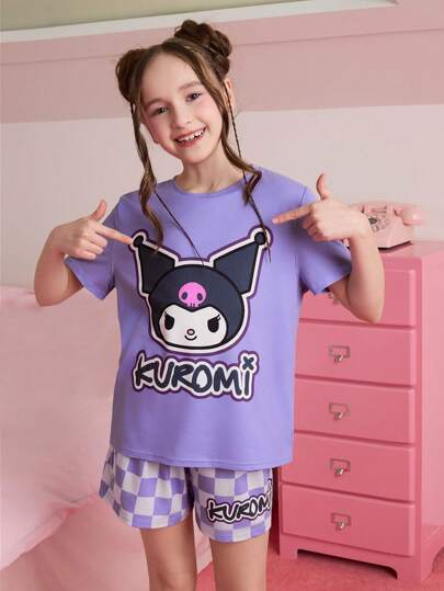 HELLO KITTY AND FRIENDS | SHEIN 2 件装少女休闲甜美紫色卡通图案 T 恤和格子短裤睡衣套装，适合春夏季
