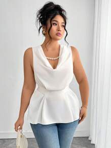 SHEIN Unity 大码女式优雅纯色斜领系腰蝴蝶结荷叶边下摆无袖衬衫，时尚设计，适合派对、商务、休闲装、春夏 - 杏色 - 查看 6