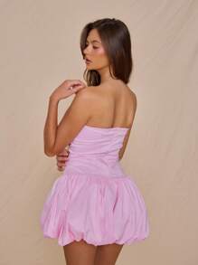 MUSERA Strapless Cute Elegant Twist Bust Gingham Strapless Bandeau Puffball Mini Dress For Spring Summer Vacation Sweet Escape - Multicolor - View 3