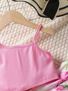 SHEIN 2pcs Young Girl Set: Solid Color Asymmetric Neck Vest And Floral Print Pants, School, Campus, College